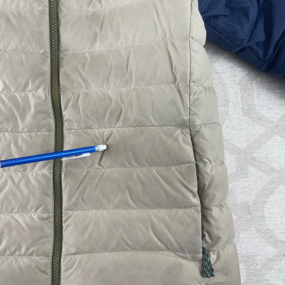 Patagonia Kids Reversible Down Sweater Hoody Navy‎ Tan Blue Pattern Size M 10
